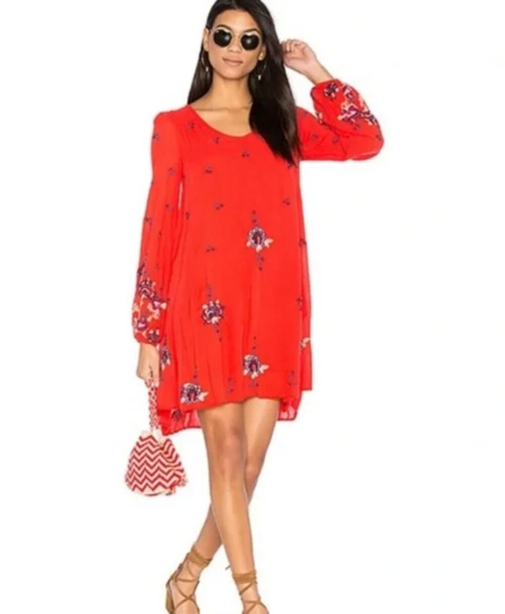 FREE PEOPLE Oxford Embroidered Mini Dress in Coral Red // S
